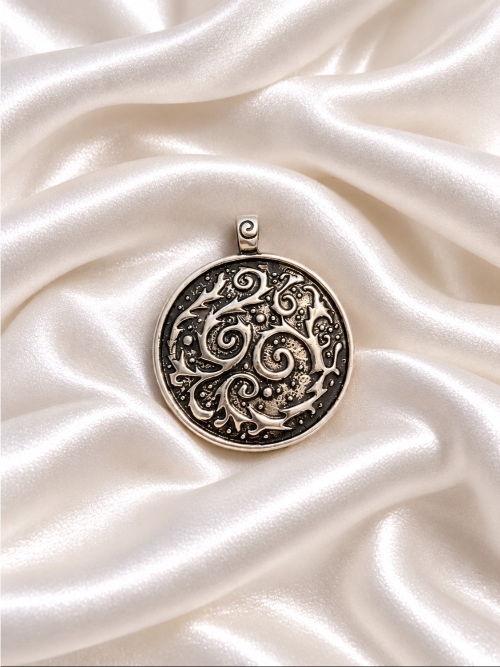 Silver Tone Ornate Scrollwork Round Medallion Statement Pendant